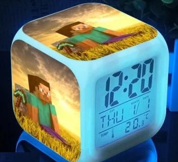 Майнкрафт 7 цветов фигурка зомби будильник Стив Алмазный меч светодиодные