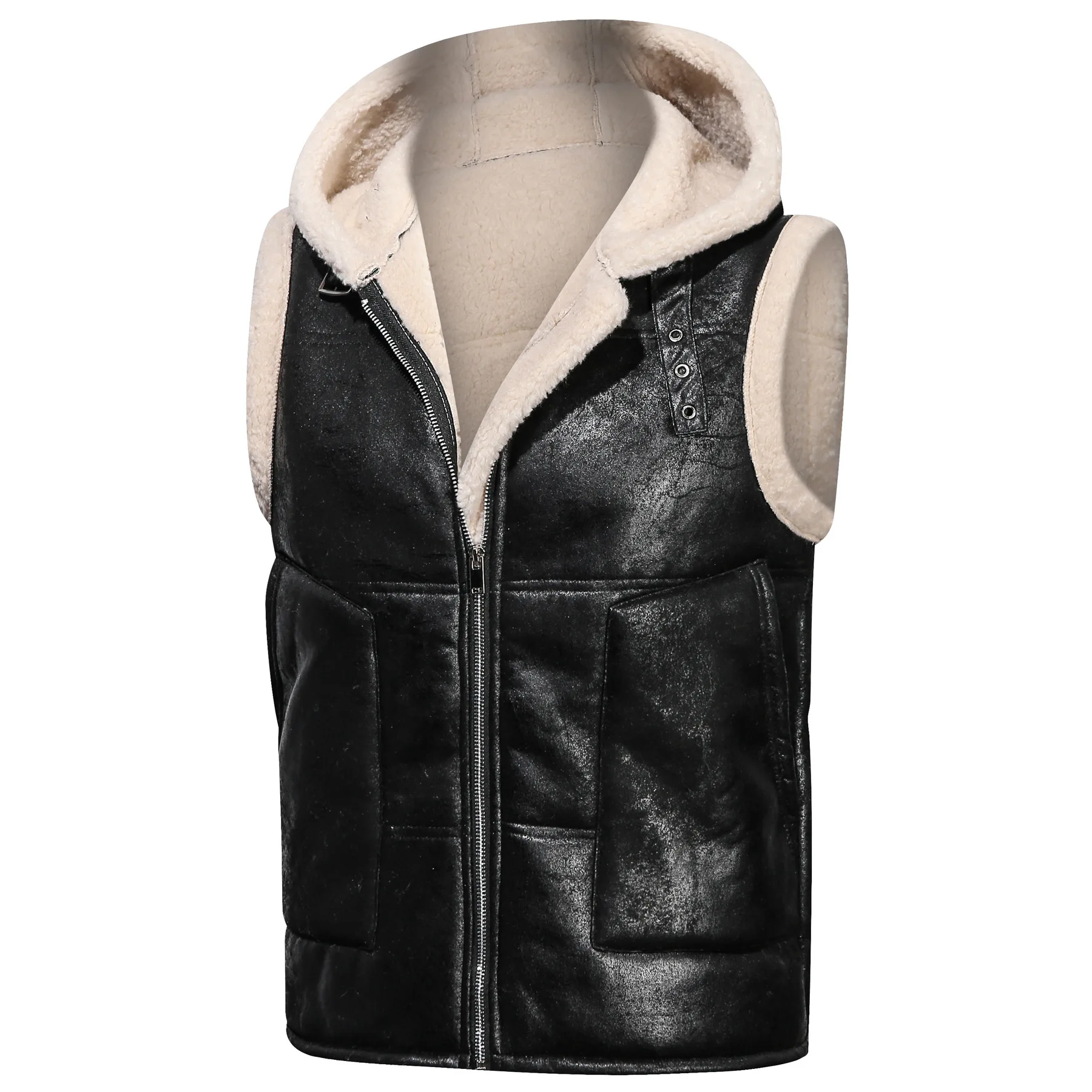 Men's Winter PU Leather Fur Vest Casual Hooded Warm Jacket Lambswool Waistcoat Jackets Sleeveless Zipper Solid Color | Мужская