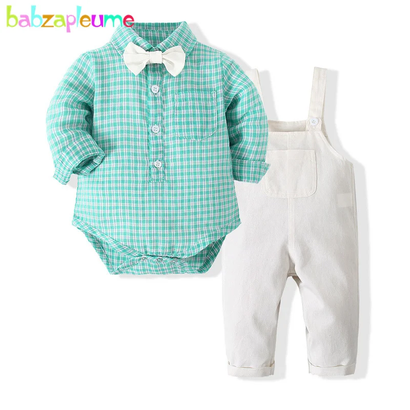 

Spring Fall Newborn Baby Boy Clothes Fashion Gentleman Casual Plaid Long Sleeve Bodysuit+White Overalls Kids Clothing Set BC2129