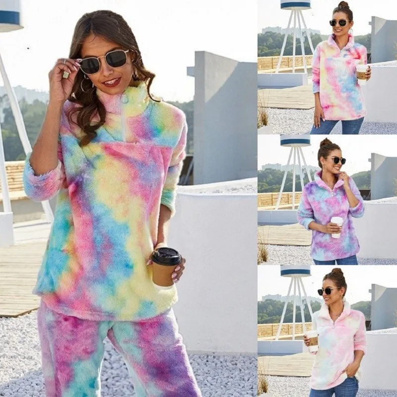 

Autumn Winter Zipper Turtleneck Colorful Fleece Hoodies Fashion Rainbow Tie Dye Sweatshirt for Women Oversized Flannel Tops