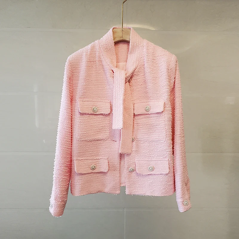

2021 Tweed Jackets Women Bow Collar Long Sleeve Woolen Jackets Coats Autumn Buttons Pockets Pink Outwear French Luxury Office