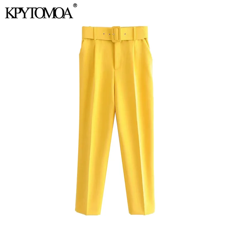 

KPYTOMOA Women 2021 Chic Fashion High Waist With Belt Pants Vintage Zipper Fly Pockets Office Wear Female Ankle Trousers Mujer