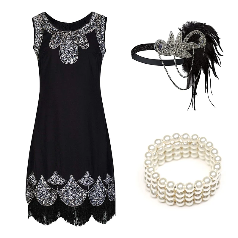 Женское винтажное платье с блестками и бахромой украшенное бисером в стиле