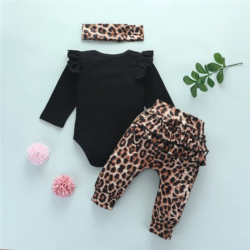 

Baby Girl Clothing Sets Letter Printed Long Sleeve Bodysuit Leopard Pants Headband 0-24M Newborn Toddler Spring Fall Outfit