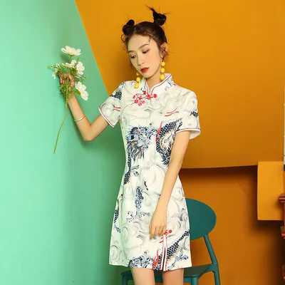 Photo Color SWEETXUE китайское платье для женщин Cheongsam Современные вечерние платья с животным принтом Тонкий Сплит Пряжка китайский воротник Qipao платье - Цвет: Photo Color