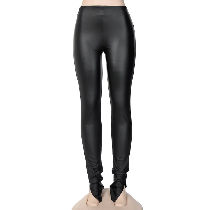

Faux PU Leather Pencil Pants Lace Up High Waist Slim Skinny Streetwear Autumn Casual Split Trousers Women Hot Sale