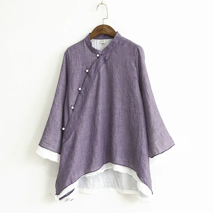

Original Women Spring Cotton Stand Collar Chinese Style Vintage Buckle Long Sleeve Purple Shirt Loose Casual Blouse Ladies Tops