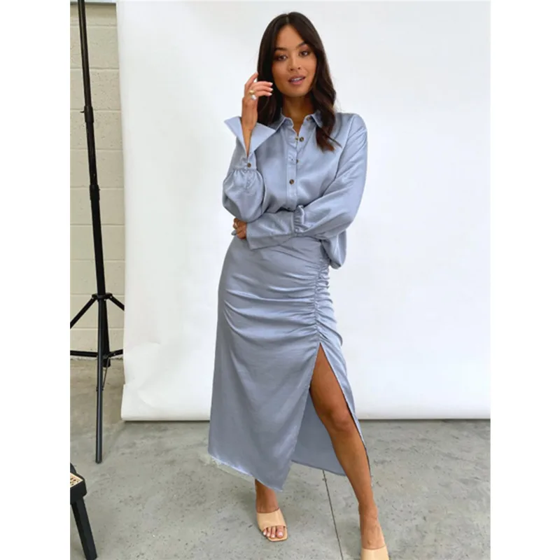 

2021 Elegant Casual Women Dress Single-breasted Solid Simple Female Shirt Fashion Pleated Chiffon Party Slim Ladies Dress