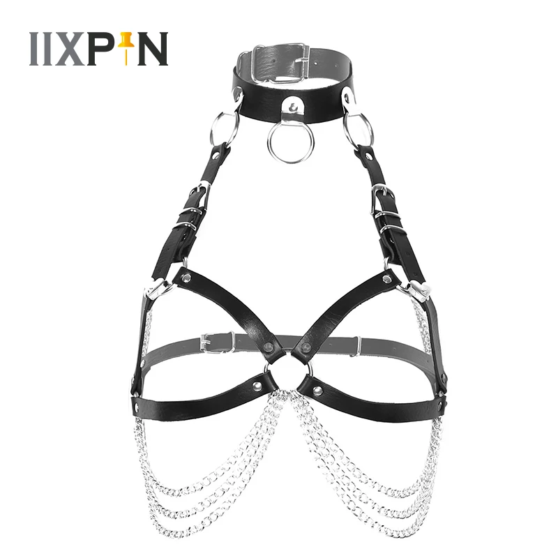 

Harness Women Fashion Punk Gothic Harness Belt PU Leather Body Chest Harness Straps Waist Belt With Metal Chain Tassel Clubwear