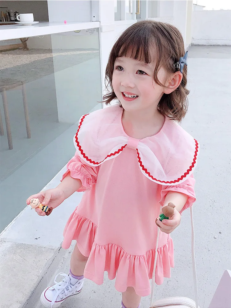 

Милое розовое платье для девочек, платье с длинным рукавом, одежда для девочек на весну и осень, большие платья с отложным воротником для дет...