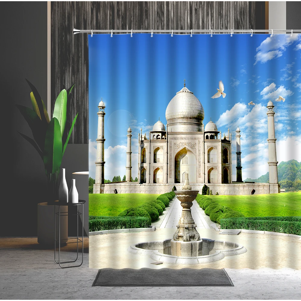 

Waterproof Shower Curtain White Castle Green Grassland Girl Building 3D Printed Machine Washable Bathroom Curtains Set With Hook