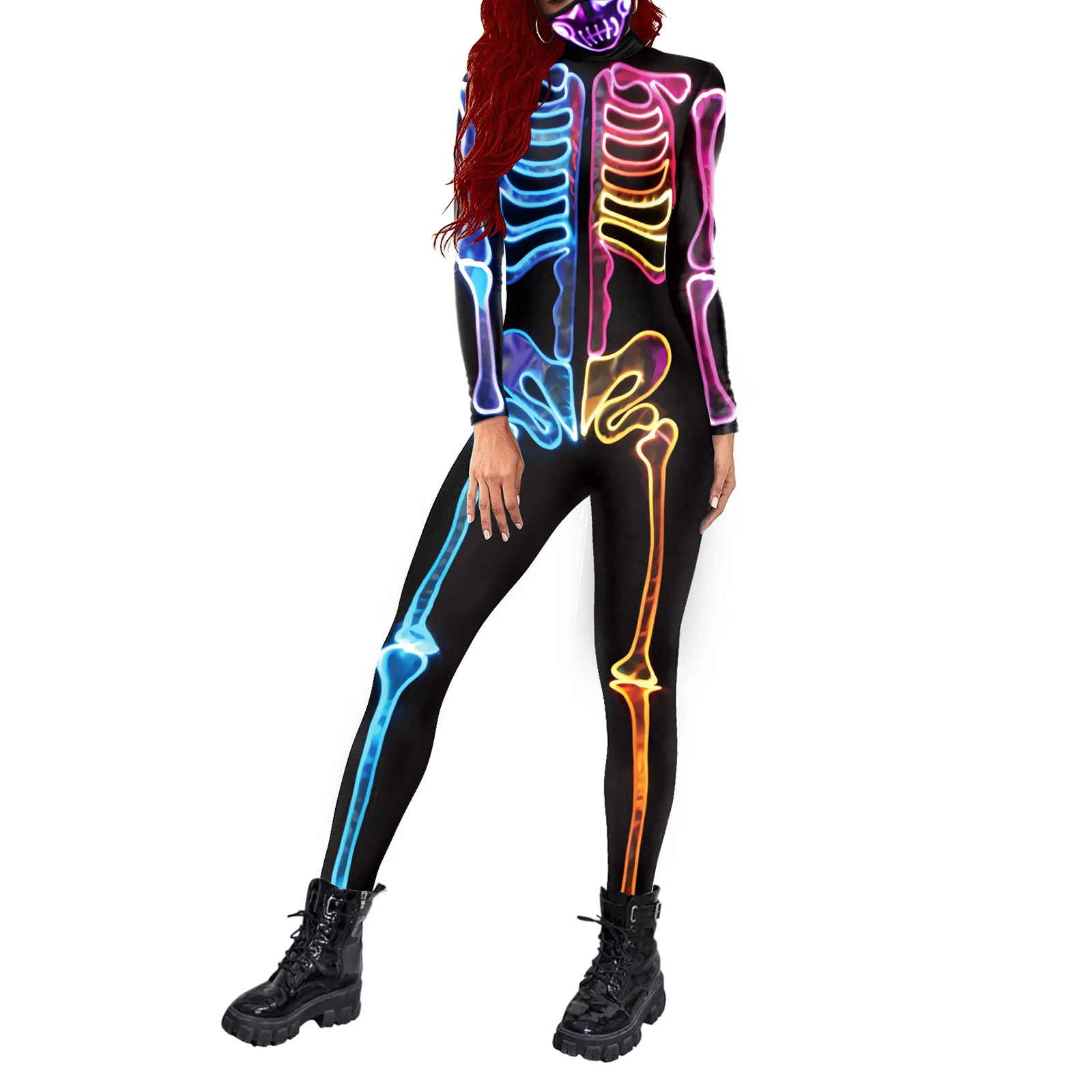 

Women Halloween Cosplay Costume 3D Skeleton Print Stand Collar Long-Sleeve Skinny Fit Jumpsuit For Cosplay Party