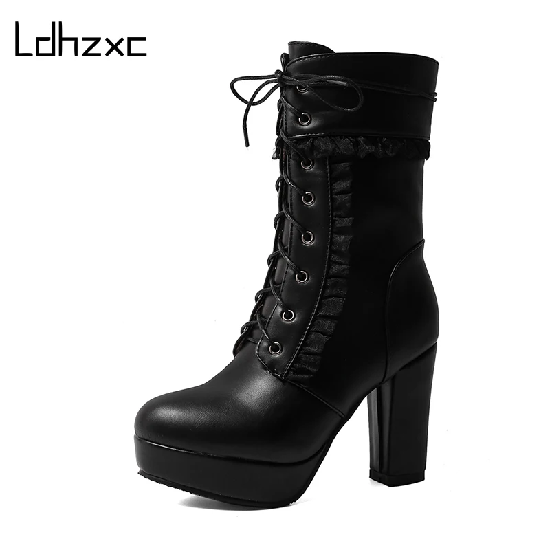 LDHZXC 2020 Winter Short platform Boots For Women High Hoof Heels Ankle Strap Buckles Female Ankle Boots Fashion Ruffles