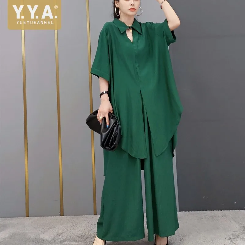 

Office Ladies Elegant Two Piece Set Loose Fit Irregular Split Long Shirts Elastic Wide Leg Pants Fashion Women Matching Sets