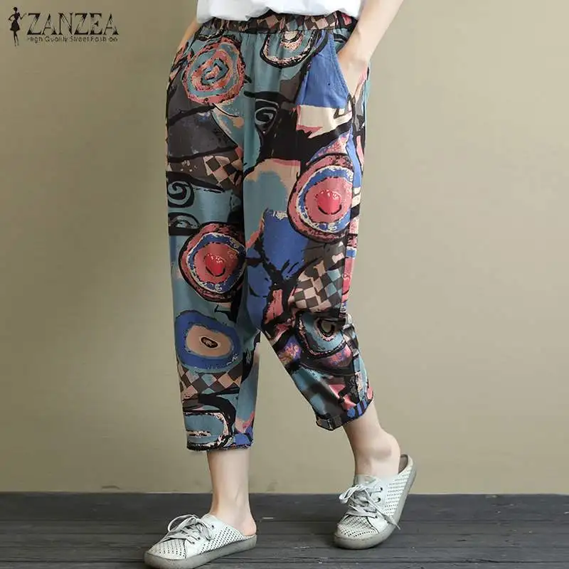 

ZANZEA Vintage Printed Harem Pants Women Trousers Casual Elastic Waist Cotton Linen Turnip Pants Loose Pantalon Pants Oversized