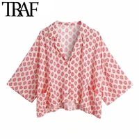traf women fashion with pockets printed blouses vintage short sleeve button up female shirts chic tops