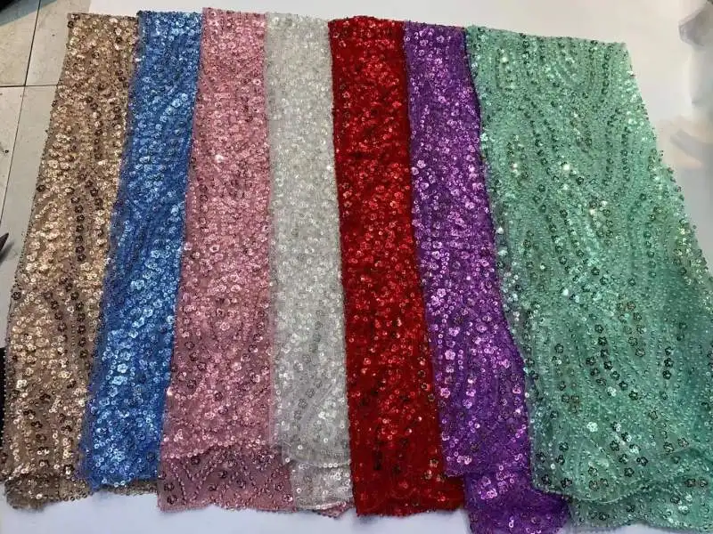 

(5yards/pc) Amazing red African tulle lace beads and sequins embroidered French net lace fabric high quality for dress FXZ009