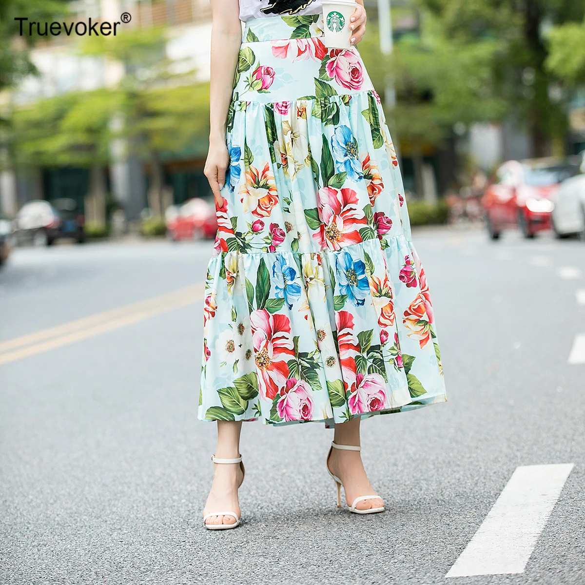 

Designer Resort Skirt Women's High Street Fashion Floral Printed Mid Calf Sicily Party Skirt