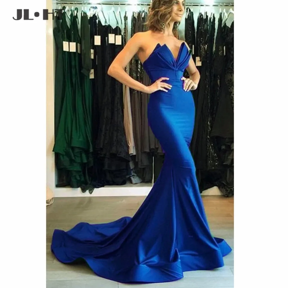 Вечернее платье-Русалка Royer синее бордовое из эластичного сатина со шлейфом с