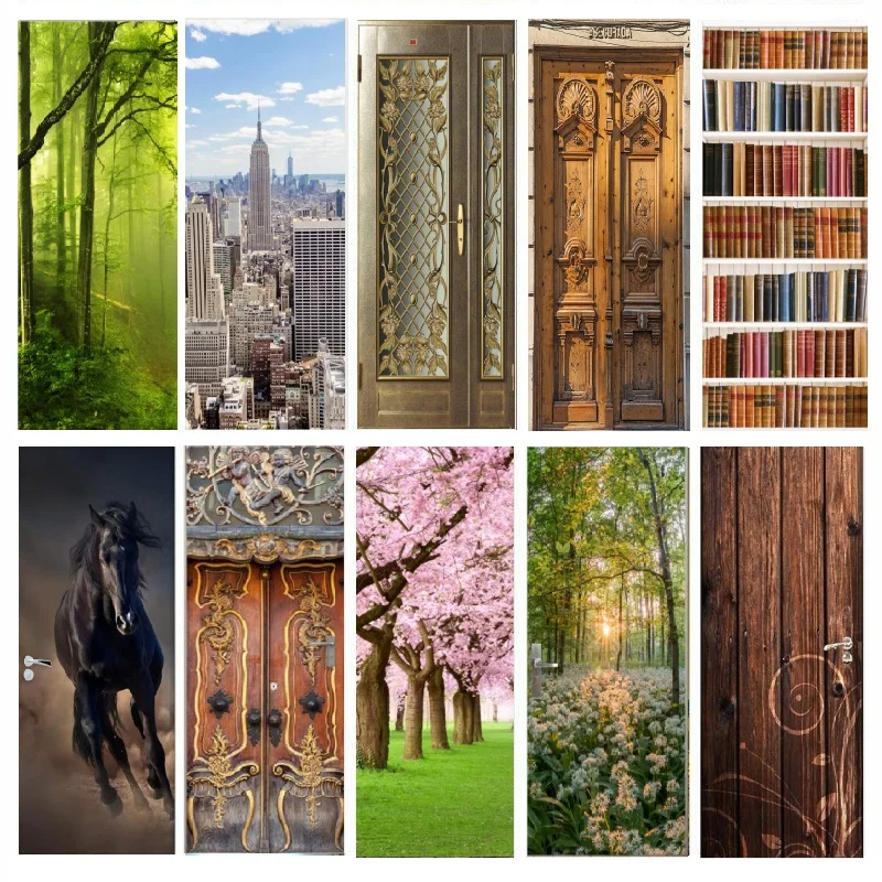 3D наклейки на дверь Вишневое дерево лес лошадь город книжная полка деревянные