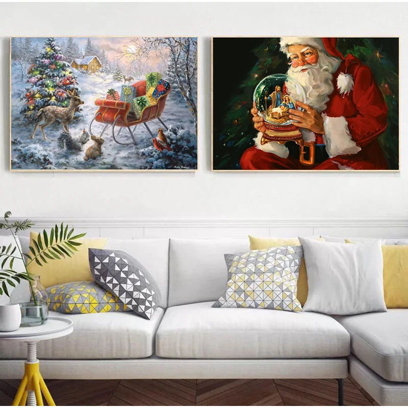 

Christmas Santa Claus Elk and Snow Picture Canvas Oil Painting Poster Modern Wall Art Picture For Nordic Living Room Home Decor