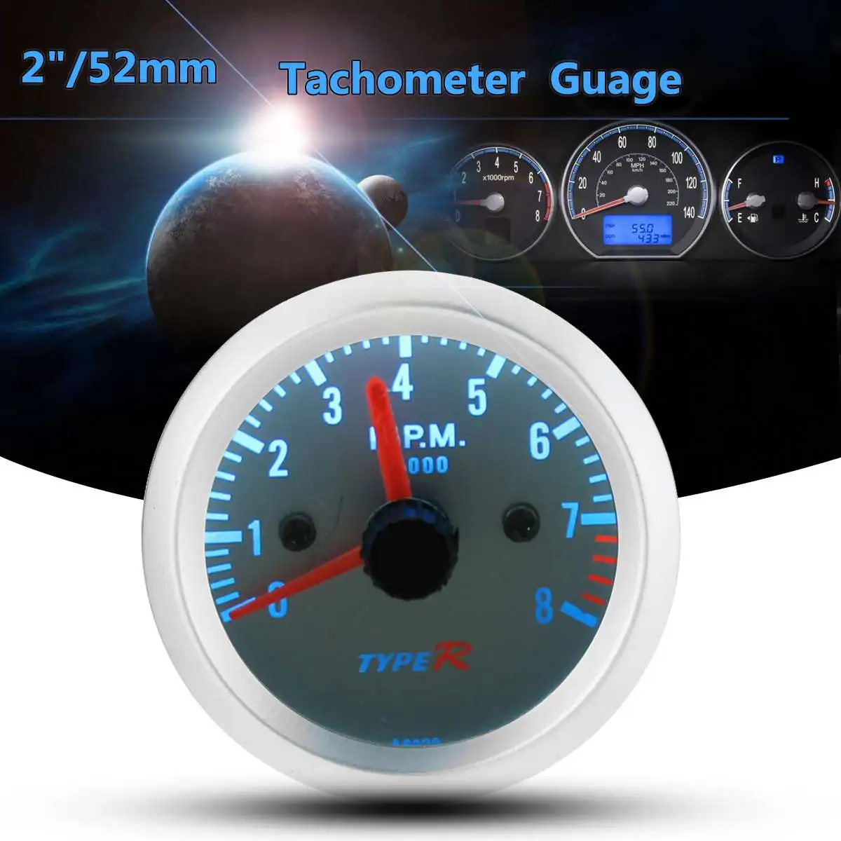 12 В Универсальный 2 дюймовый 52 мм синий светодиодный Тахометр 8000 об/мин для