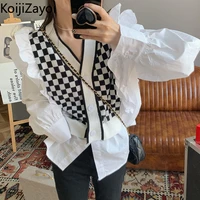 koijizayoi women patchwork fashion blouse long sleeves plaid single breasted chic ruffles shirts spring autumn 2022 new blusas