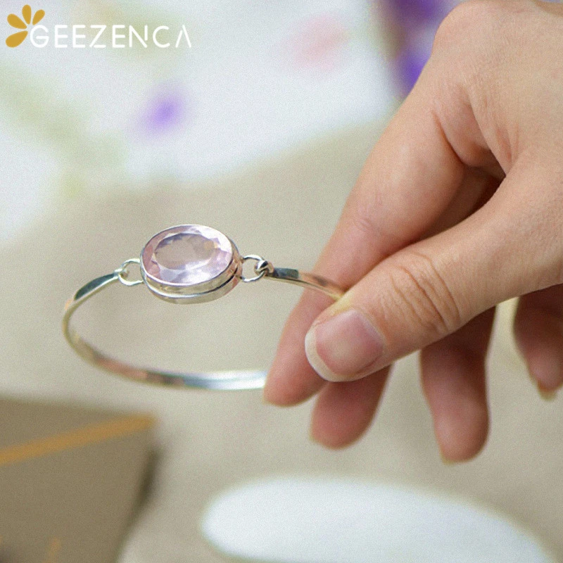 

925 Sterling Silver Natural Pink Crystal Women's Bangles Fine Jewelry Original Design Oval Cut Gemstone Silver Bracelet Bangle