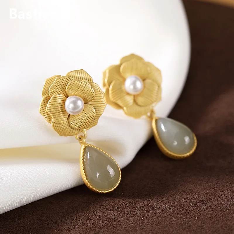 Bastiee Stud Jade Water Drop Earrings Silver 925 Jewelry Gifts For Women Earings Pearl Peony Flower Gold Plated