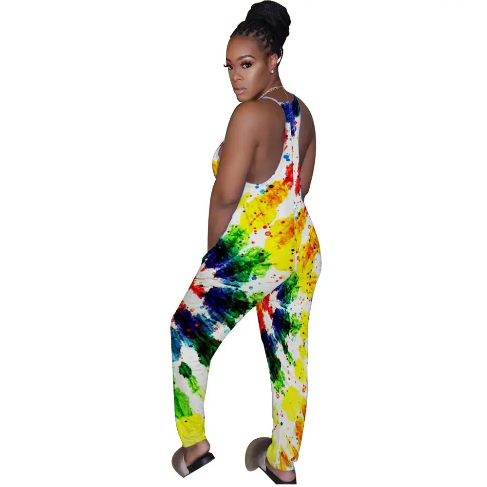 

Summer Colorful Tie Dye Print Bandage Leg Long Jumpsuit 2020 Beach Casual Sexy Women Spaghetti Strap Sleeveless Pocket Rompers