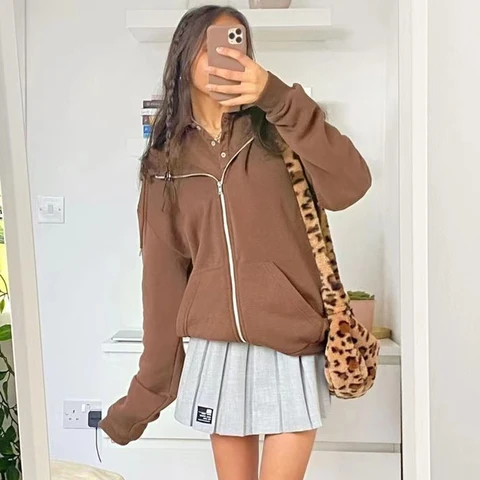 2021 Women Brown Y2K Aesthetic Hoodies Women Vintage Zip Up Sweatshirt Autumn Jacket Clothes Pockets Long Sleeve Hooded Pullover