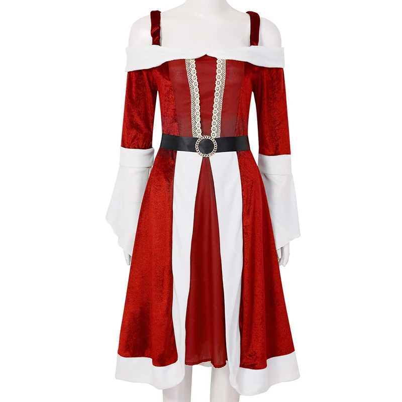 

Women Christmas Soft Velvet Off Shoulder Long Flared Sleeves Red Midi Dress with Belt Mrs Miss Santa Claus Cosplay Xmas Costume