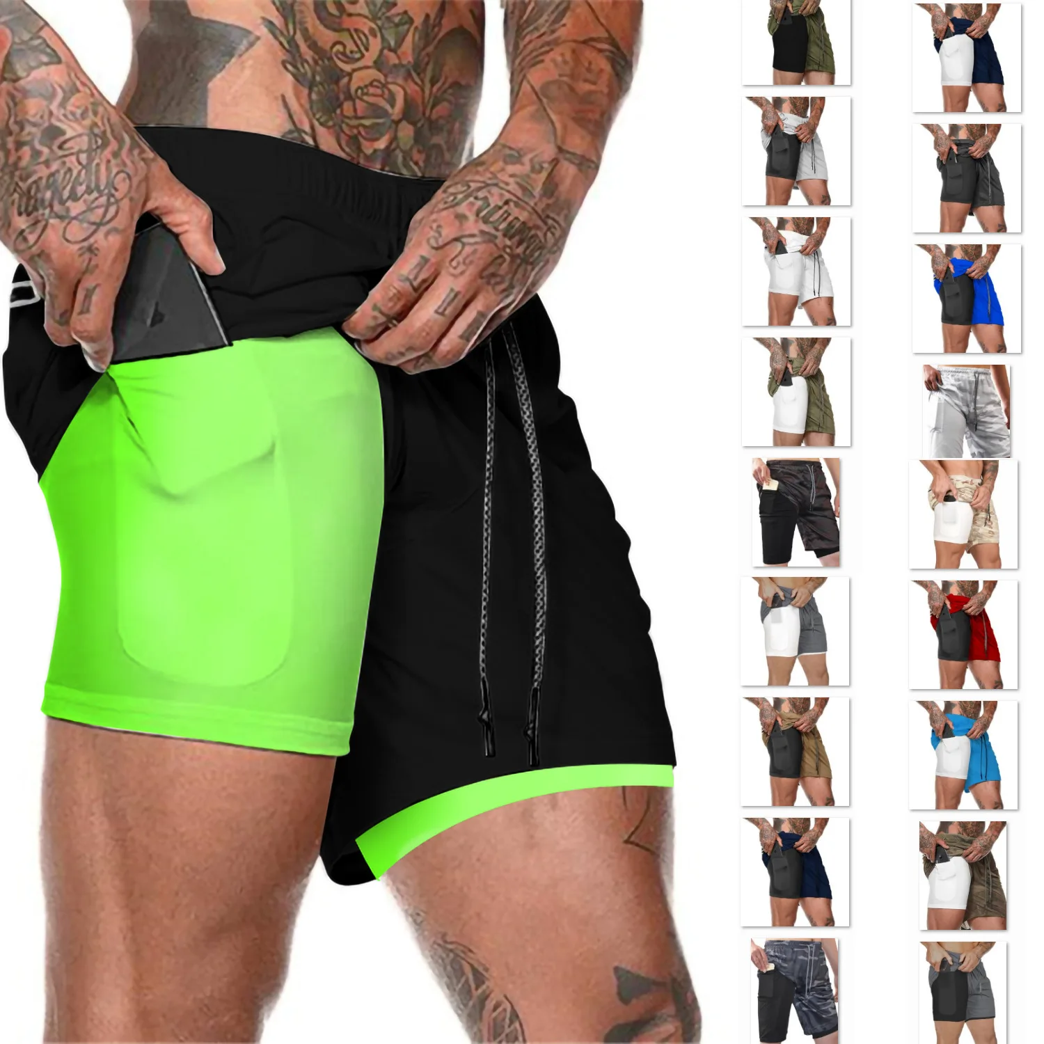 

2021 European Men's Sports Summer New Double Layer Mobile Phone Pants Gym Exercise Jogging Training Shorts