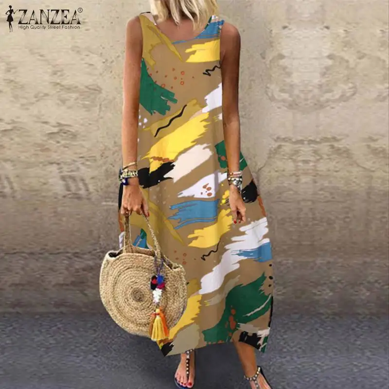 

Plus Size Women's Printed Sundress ZANZEA 2021 Bohemian Summer Maxi Dress Casual Sleeveless Tank Vestidos Female O Neck Robe
