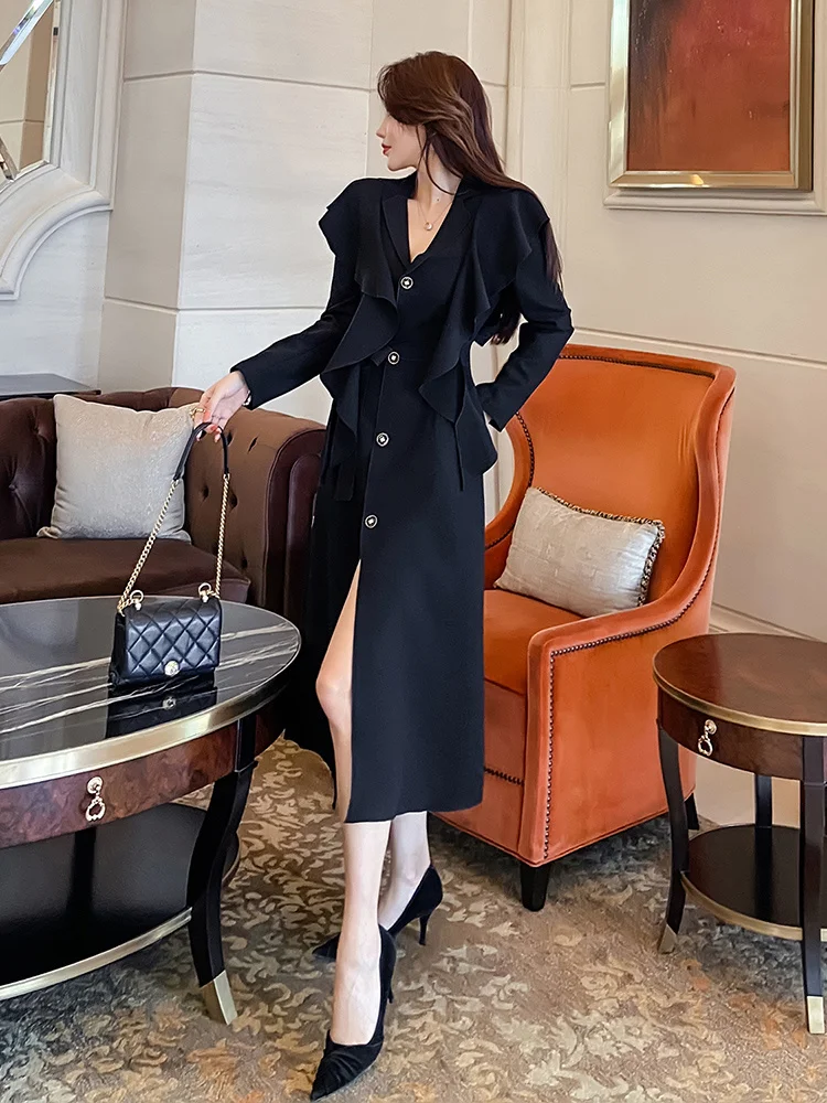 

Black windbreaker women's long British 2021 new spring and autumn fashion temperament slim thin coat