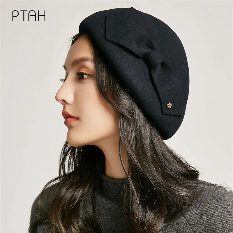 

[PTAH] Women Berets 100% Australian Wool Autumn Winter Beanie Hat Cap Vintage Beret Hat Solid Color Temperament Elegant Lady Cap