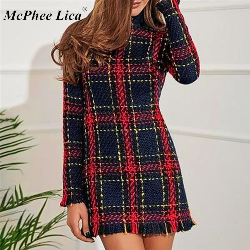 Женский клетчатый свитер с высокой талией облегающее платье длинным рукавом