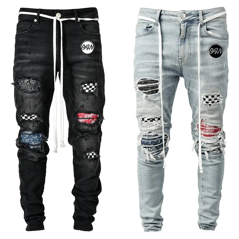 

Men Jeans Autumn Streetwear Mens Casual Denim Ripped Skinny Trousers Slim Biker Outwear Pants Printed Monogram jeans