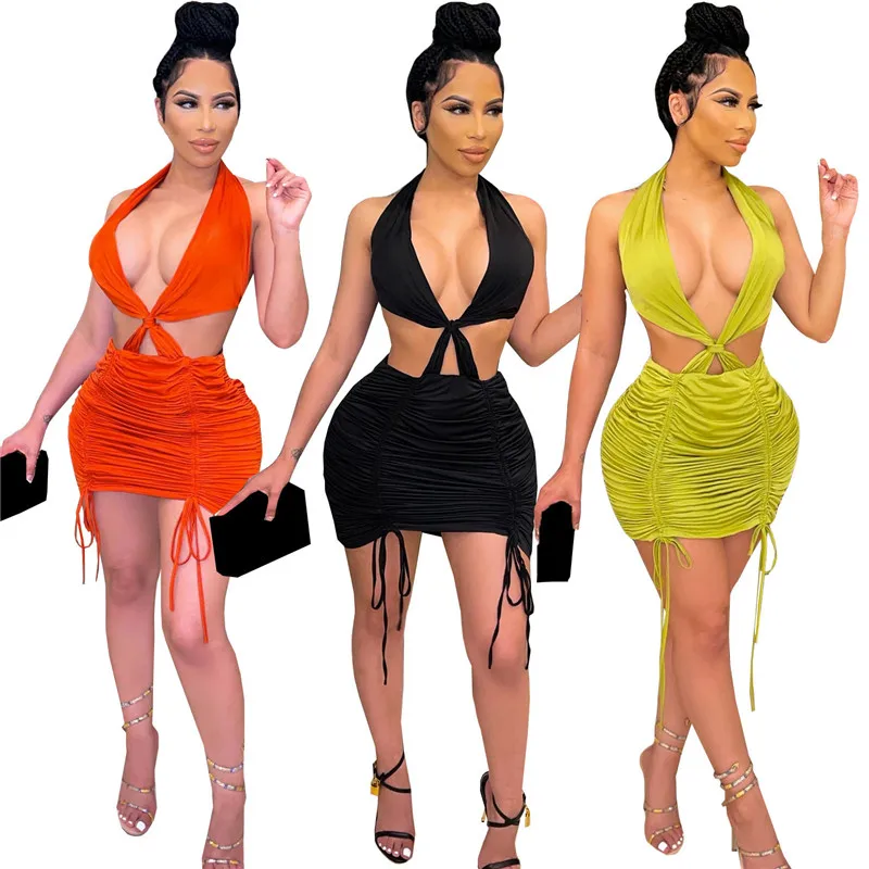 

Плиссированное мини-платье WUHE на шнуровке, с вырезами, обтягивающие бедра, с открытыми плечами, с лямкой на шее, без рукавов, для ночного клуб...