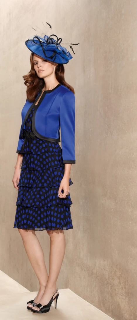 

Tailor Shop Custom Made Mother of The Bride Dress Wedding Outfit Royal Blue Polckdots Dress Jacket Semi-Formal Dresses