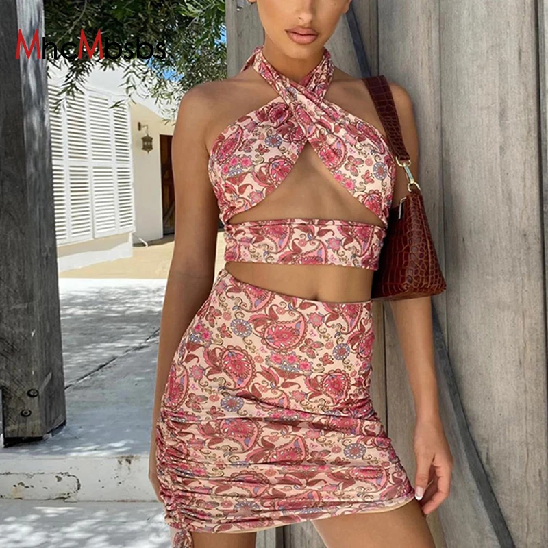 

2 Piece Paisley Print Halter Bandage Tops Women Sexy Backless Slim Club Party Chic Mini Skirts Set 2021 Summer Corset Top Outfit