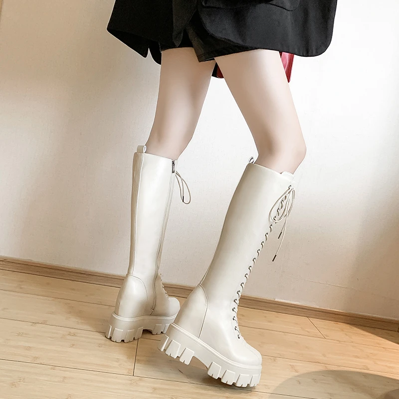 2021 fashion new White Boots Shoes Lacing Knee-High Female Platform Thick Heel Plus Size High-Leg Women | Обувь