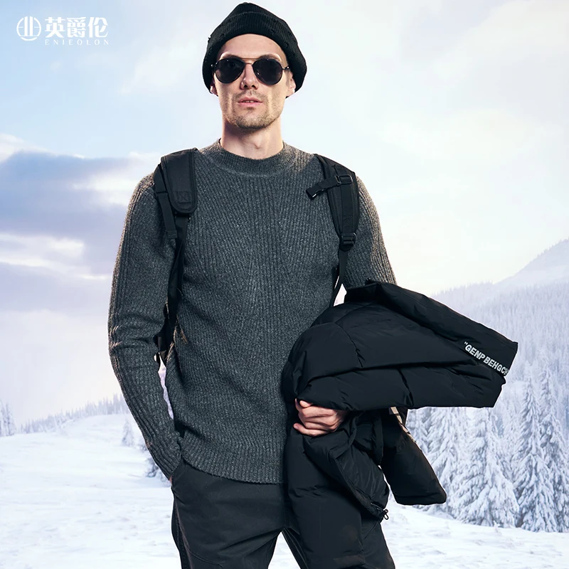 

Enjeolon модный брендовый Зимний новый мужской свитер с высоким воротником, модный простой однотонный тонкий свитер, мужские топы, одежда MY3283