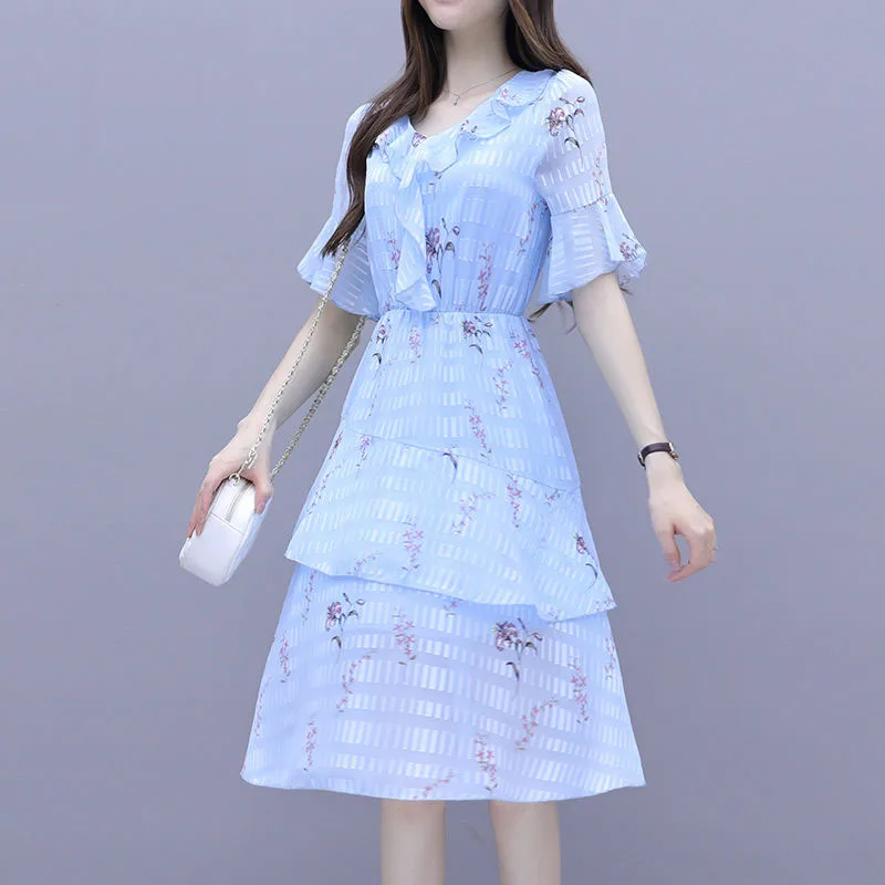

New summer French Fashion Dress Chiffon elegant Knee dress plus size medium length temperament dress SS853