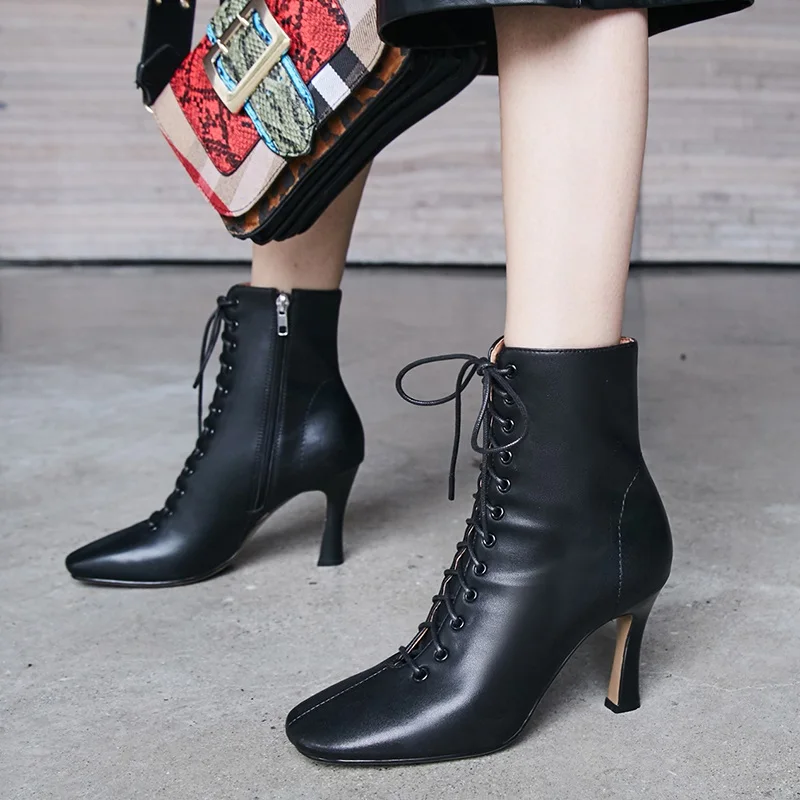 

2020 New brand women ankle boots high heel square toe women's leather ankle martin boots autumn winter casual party shoes woman