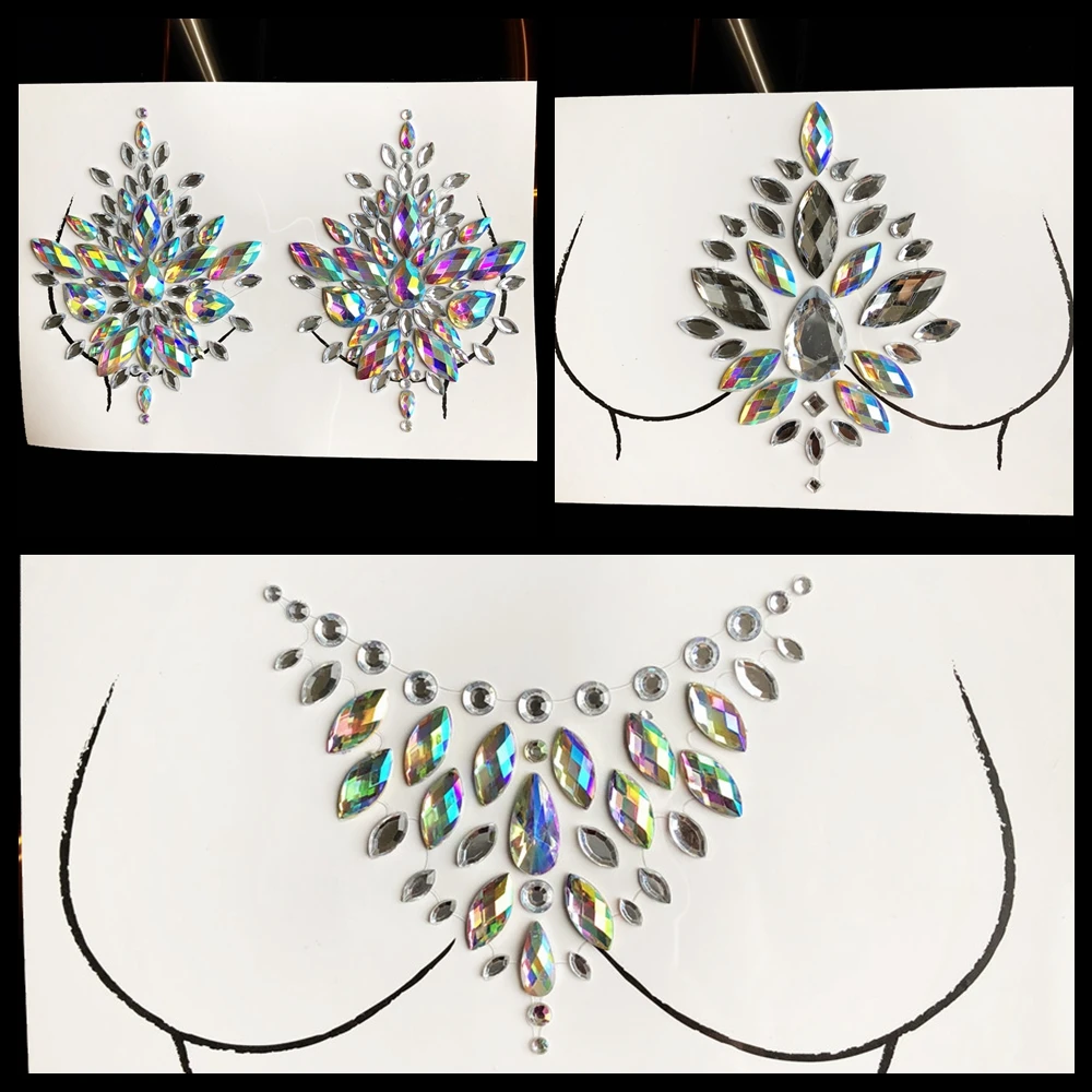 

Women's Fashion Glitter Chest Temporary Tattoo Sticker Gems Nipple Fake Jewelry Decal Handpicked Boho Makeup Tools For Show Club