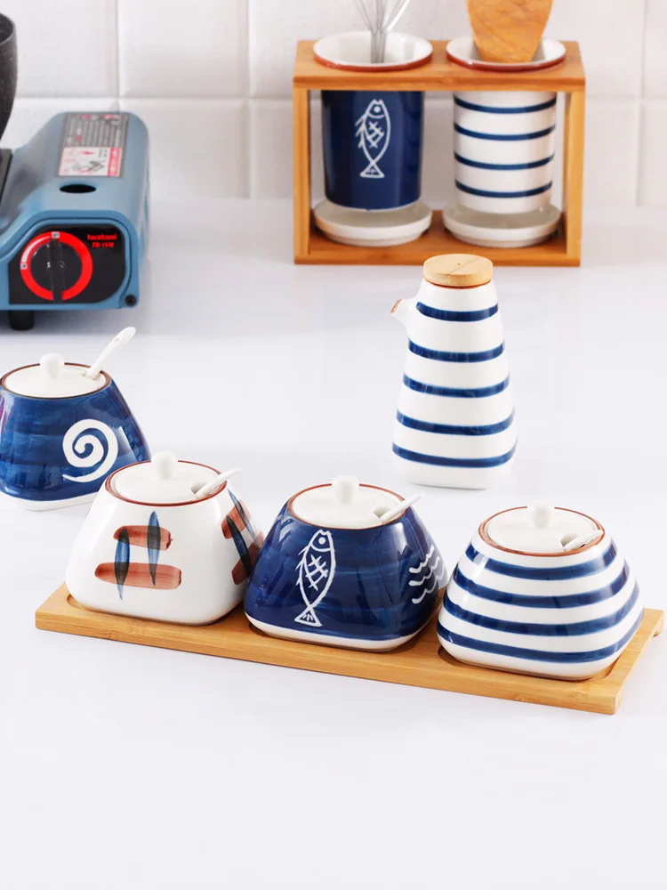 Set of 4 Ceramic Seasoning Rack Spice Pots Bowls With Spoon & Porcelain Box Storage Container Condiment Jars pepper jar CL051011 | Дом и