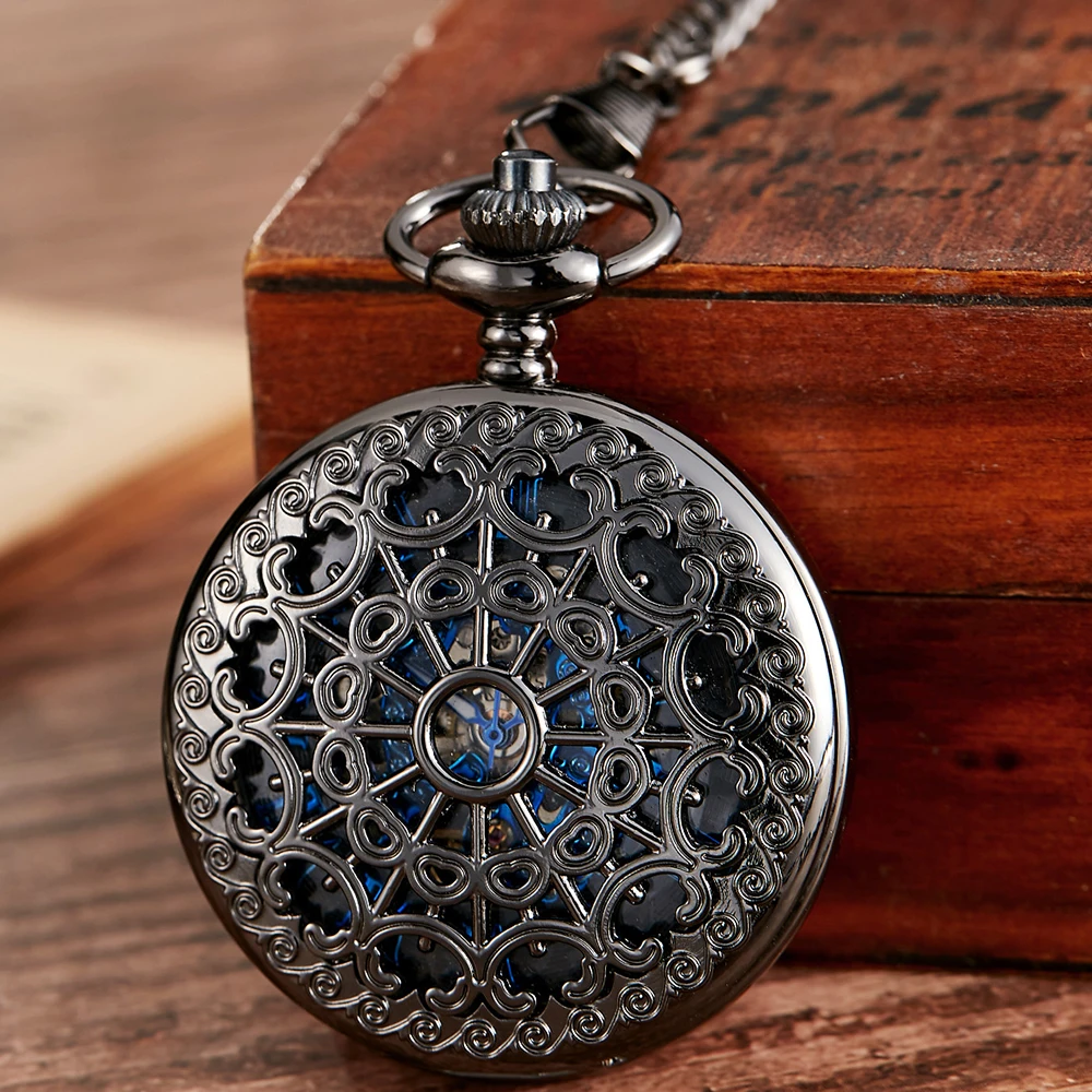 Classic Creative Men Women Mechanical Pocket Watch Hollow Carved Steampunk Ladies Clock Blue Roman Numeral Dial Chains Best Gift