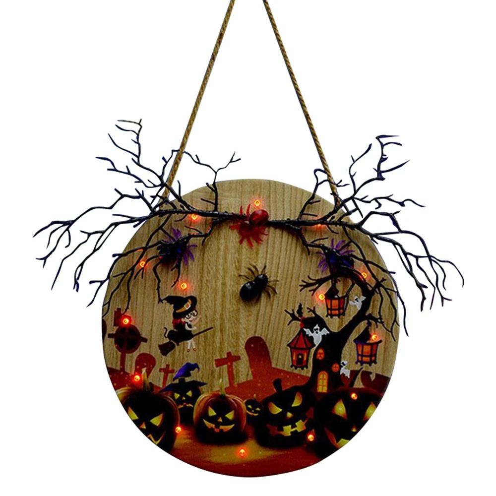 

Уникальная деревянная подставка для Хэллоуина со светильник лыми листьями, добро пожаловать в Дом ужасов, дверная тарелка, декор для Хэллоу...