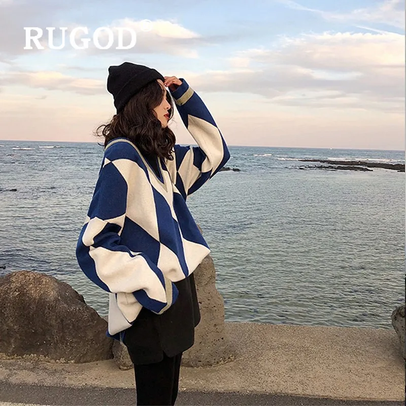 Женский винтажный свитер RUGOD Свободный пуловер с v-образным вырезом со стразами